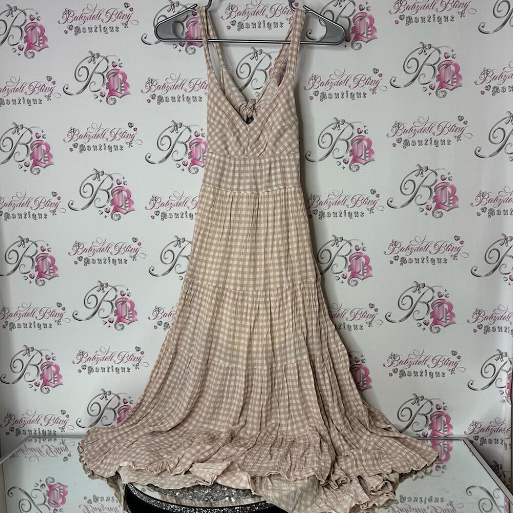 Dress forum dress Elegant pink Checkered gingham bow tie up Maxi long